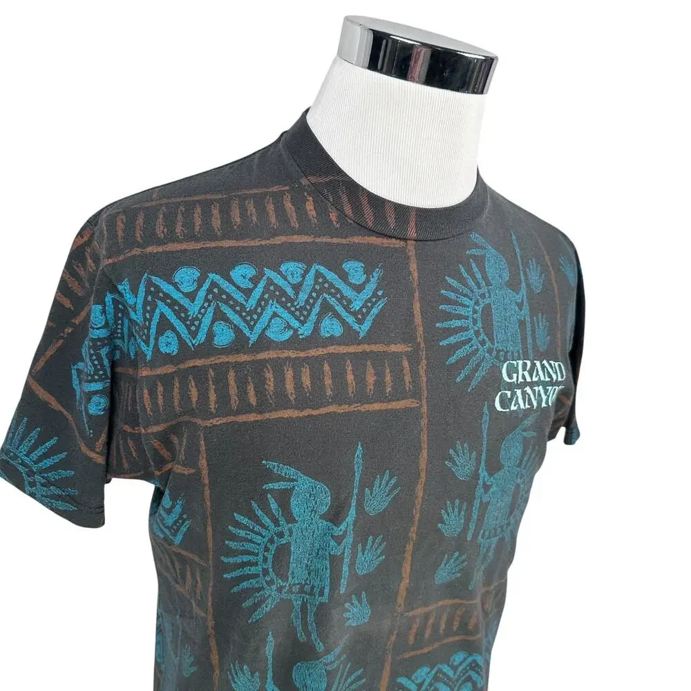 Vintage Grand Canyon T-Shirt Mens Large Black Aztec‎ AOP USA 90s Hieroglyphics